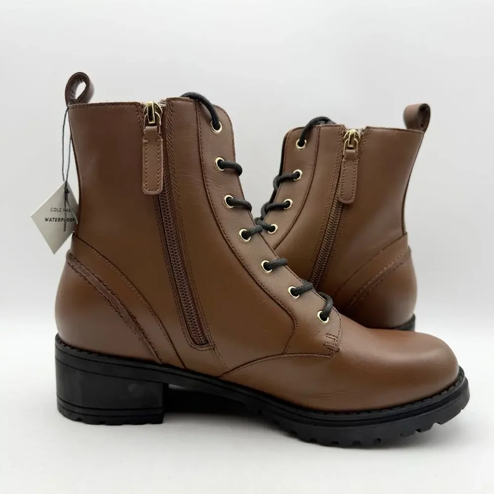 Cole Haan Womens Camea Combat Boots US 7 Brown Leather Zip Side Waterproof NWOB - Picture 4 of 12